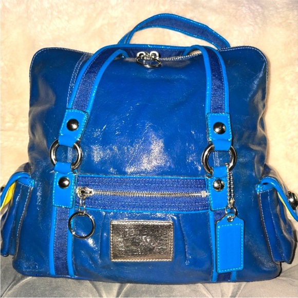 Coach Poppy Y2K large tote. Cobalt blue patent leather w/yellow interior. GUC - Picture 2 of 6